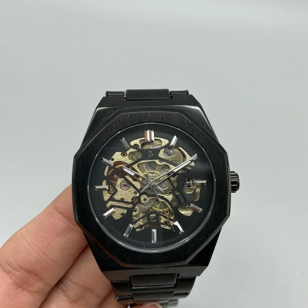 Mens Watch 41mm Black Skeleton Dial Stainless Bracelet Automatic TM-34ZG 8.25